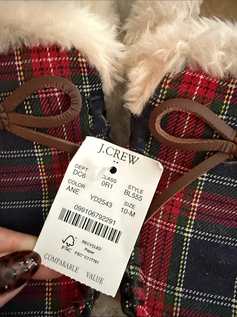 J. Crew Red and Navy Plaid Faux-Fur Lined Moccasins Mens